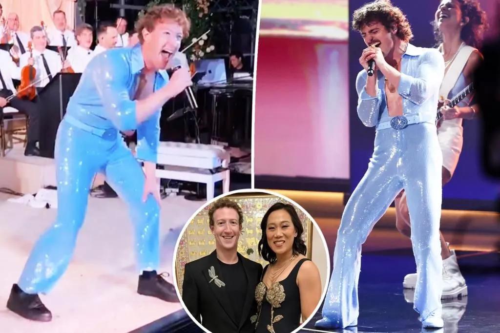 Zuckerberg, donning a sparkling jumpsuit for the "Grammy 2025," surprised guests at his wife's anniversary celebration.